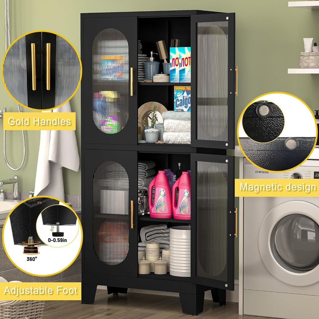 Erosoei Pantry Cabinet, 61" with Acrylic Glass Doors and Adjustable Shelves, Metal Kitchen Cabinet for Multiple Rooms