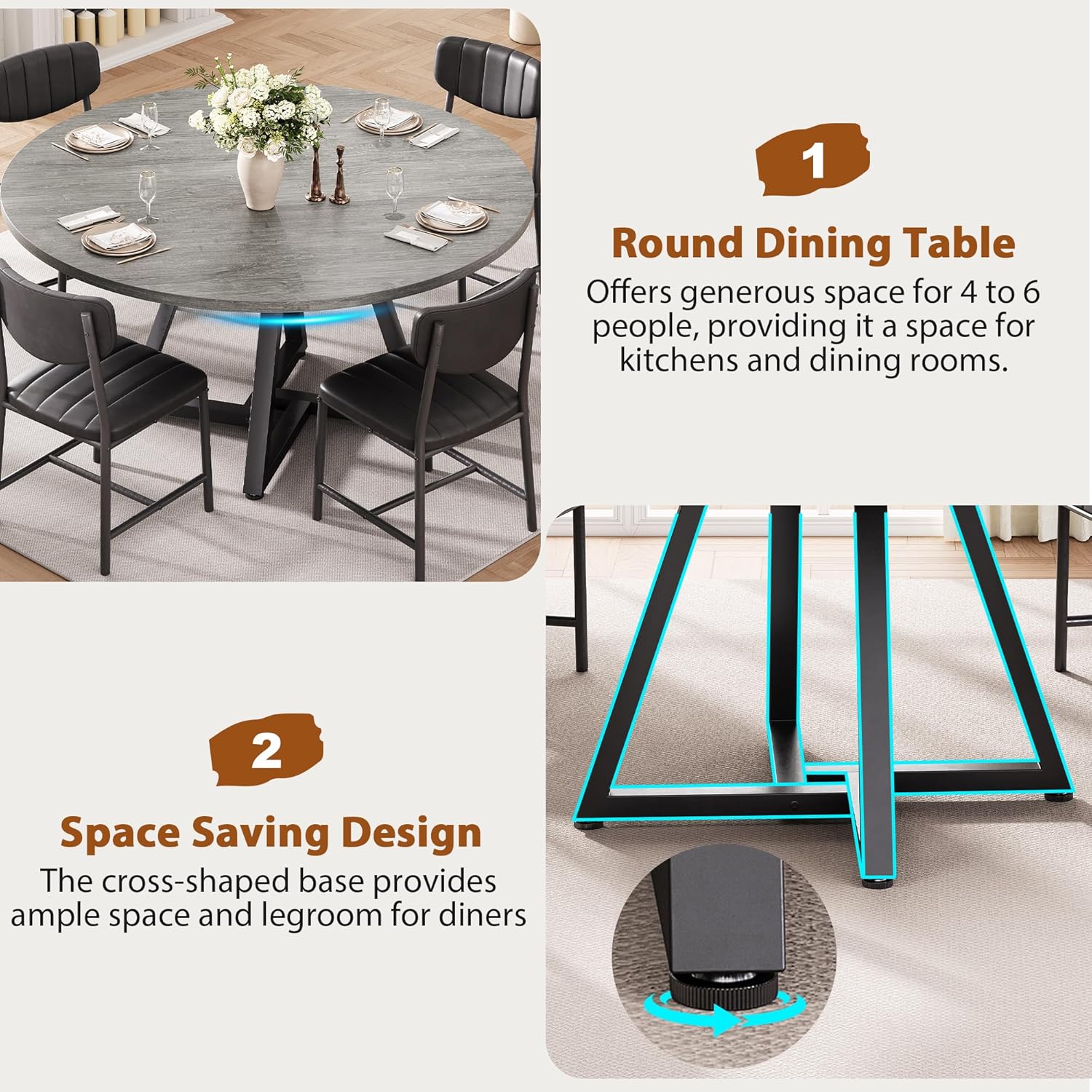 Round Dining Table Set for 6, Kitchen Table and Chairs for 6, Circle Table Round Pedestal Dining Room Dinner Dinette Table Set,7 Piece Space Saving Wood Kitchen & Dining Room Tables (Grey, 51In)