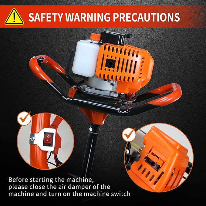 62cc Post Hole Digger 2-Stroke Petrol Gas Powered Earth Digger with 3 Extension Rods（8" 12" & 20"） + 4 Auger Drill Bits (4" 6" 8" & 12") for Farm Garden Plant