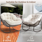 HOMEFUN Outdoor Patio Rocking Chairs, Oversized Papasan Rock Chair Indoor with Striped Velvet Padded Cushion - Rocker Egg Seat for Front Porch, Garden, Patio, Backyard White