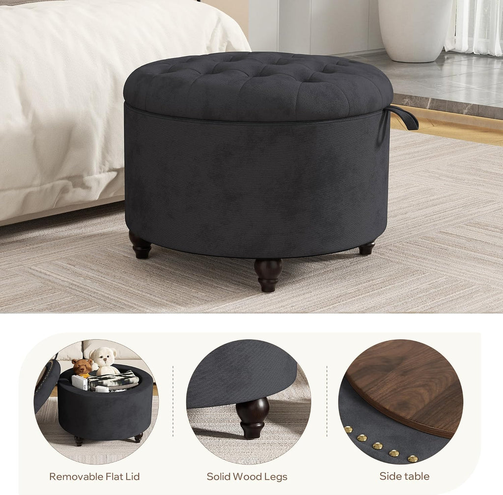 24 Inch Round Storage Ottoman,Modern Tufted Ottomans,Circular Coffee Table with Removable Top,Upholstered Large Ottoman with Storage Footrest Stool for Bedroom Living Room (Darkgrey)