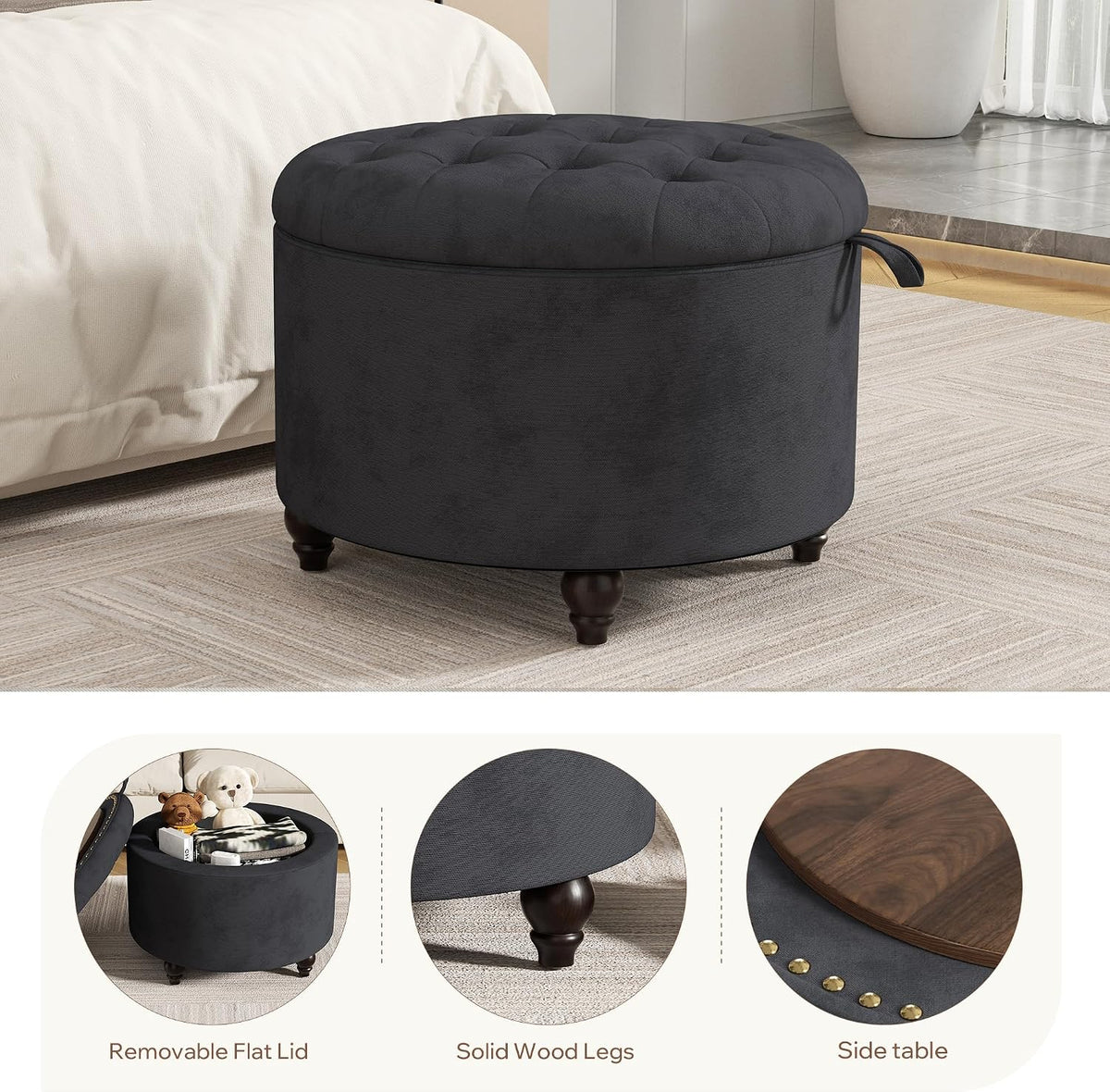 24 Inch Round Storage Ottoman,Modern Tufted Ottomans,Circular Coffee Table with Removable Top,Upholstered Large Ottoman with Storage Footrest Stool for Bedroom Living Room (Darkgrey)