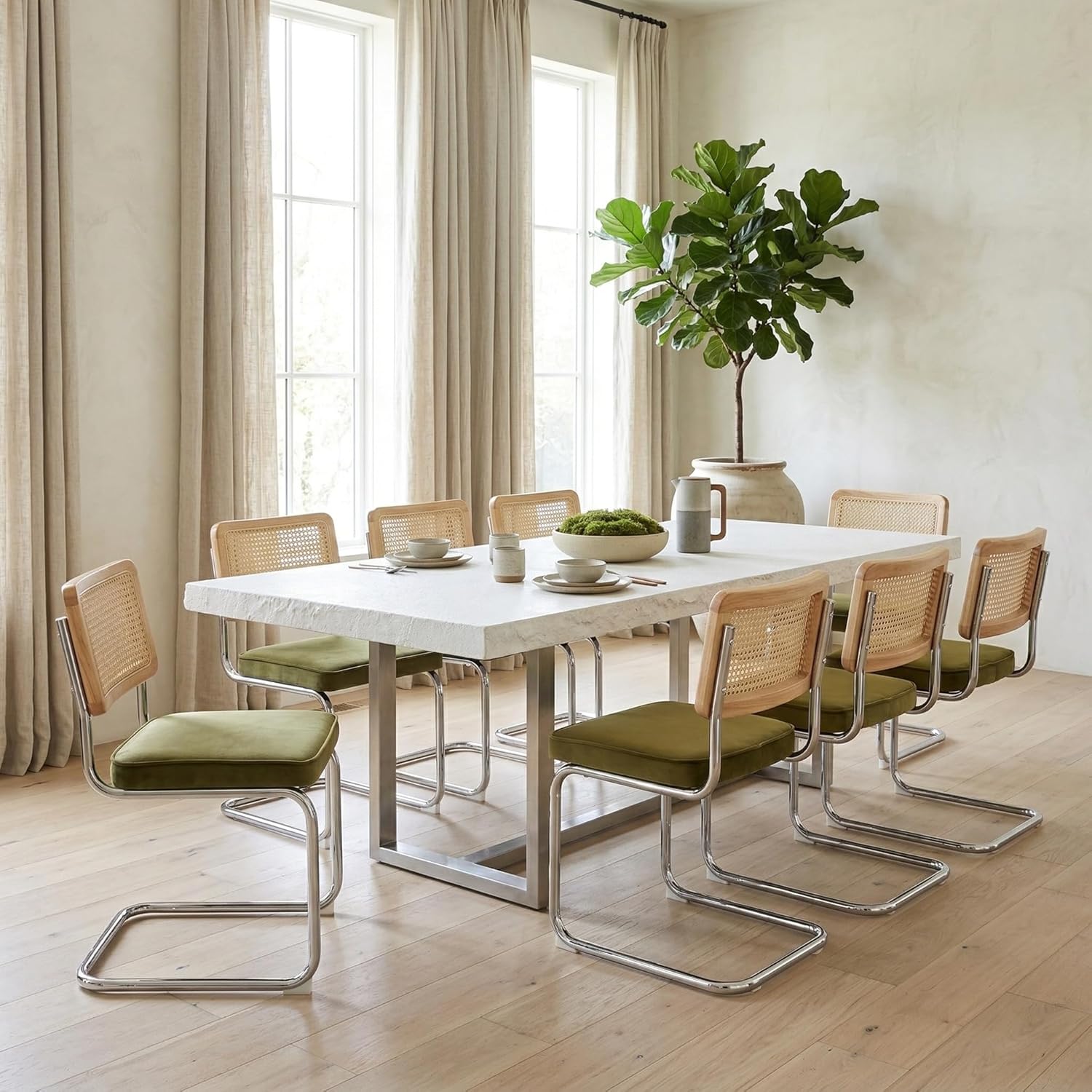 Rattan Dining Chairs Set of 4, Mid-Century Modern Dining Room Chairs with Cane Back, Velvet Upholstered Seat & Chrome Cantilever Frame, Sillas de Comedor, Kitchen & Dining Room Chairs (Green)