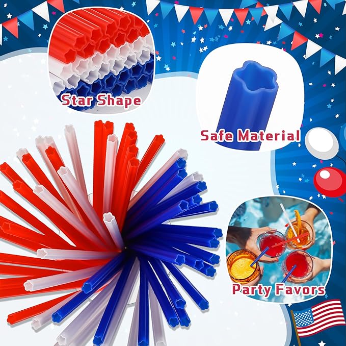 60 Pcs Plastic Straws Red Blue White Star Shaped Straws Patriotic Disposable Drinking Cute Straw for Veterans Day 4th of July Independence Day Party Beverage Cocktail Remembrance Supplies