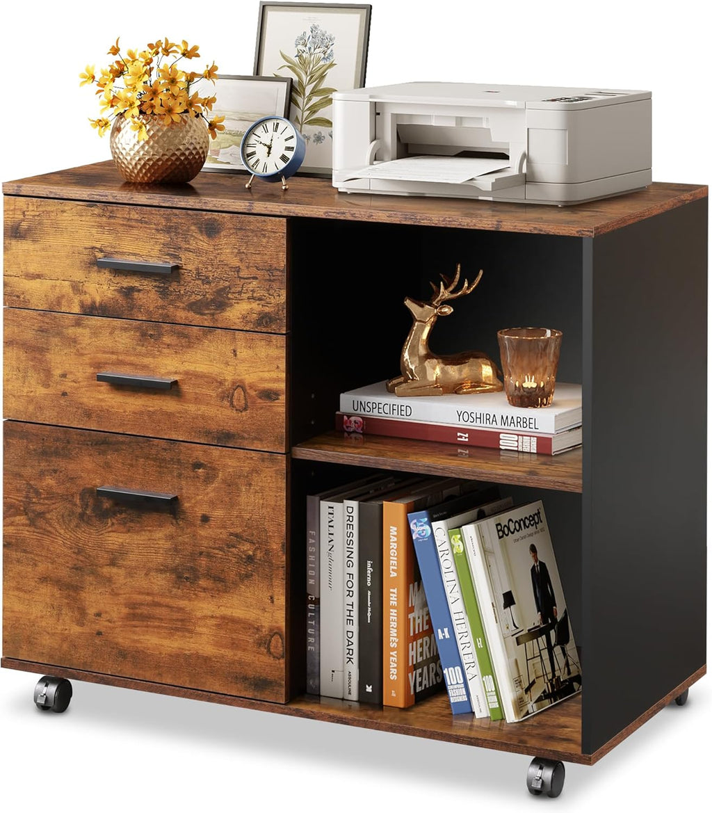 DEVAISE 3-Drawer Mobile File Cabinet, Lateral Filing Cabinet, Rustic Brown | Wood, Rolling Printer Stand, Under Desk Storage, Open Shelves, Fits Letter & A4 File, Home Office