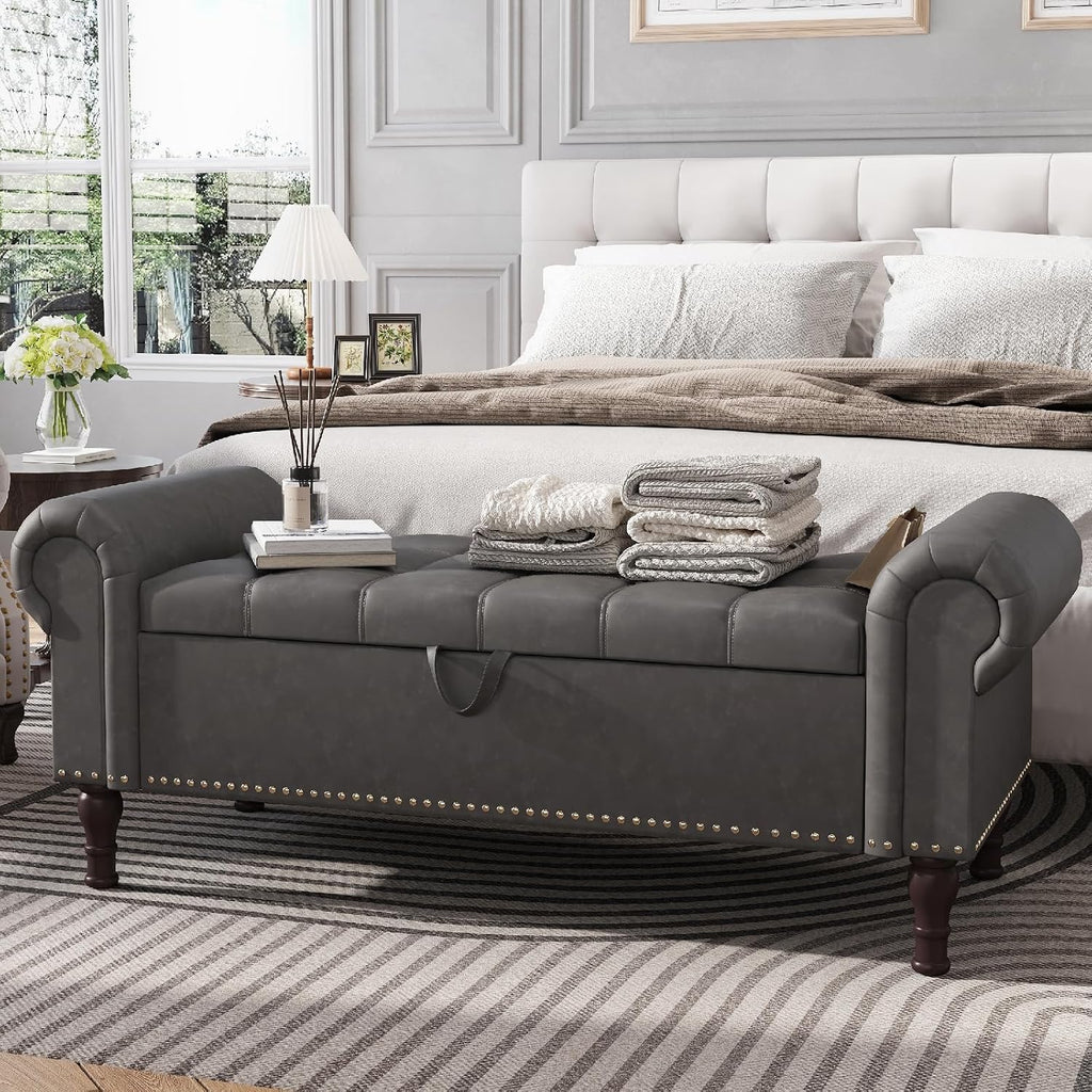 Apicizon 51” Bench with Storage, Upholstered Tufted Button Bedroom Bench with Storage, Faux Leather End of Bed Bench with Rolled Arms, Storage Ottoman Bench for Bedroom, Living Room, Entryway, Gray