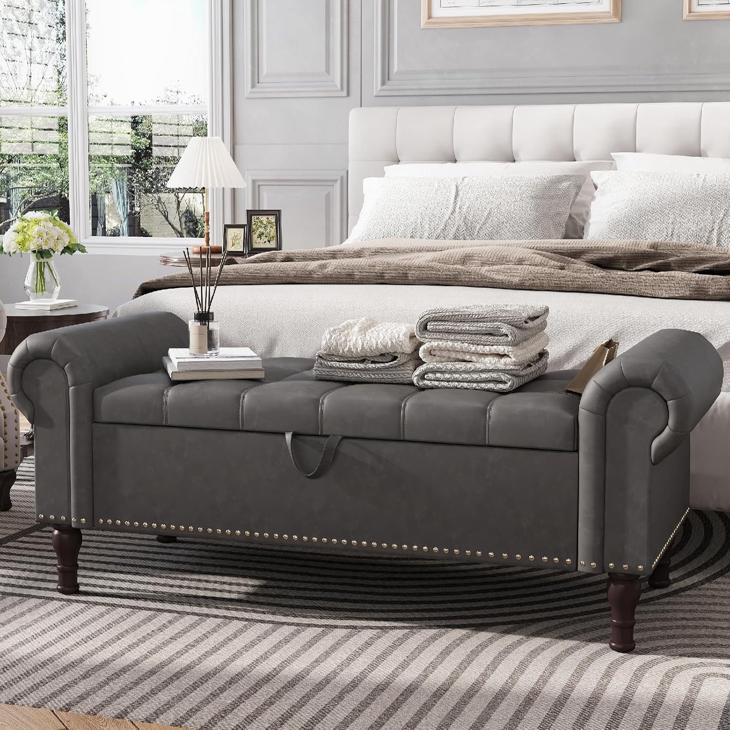 Apicizon 51” Bench with Storage, Upholstered Tufted Button Bedroom Bench with Storage, Faux Leather End of Bed Bench with Rolled Arms, Storage Ottoman Bench for Bedroom, Living Room, Entryway, Gray