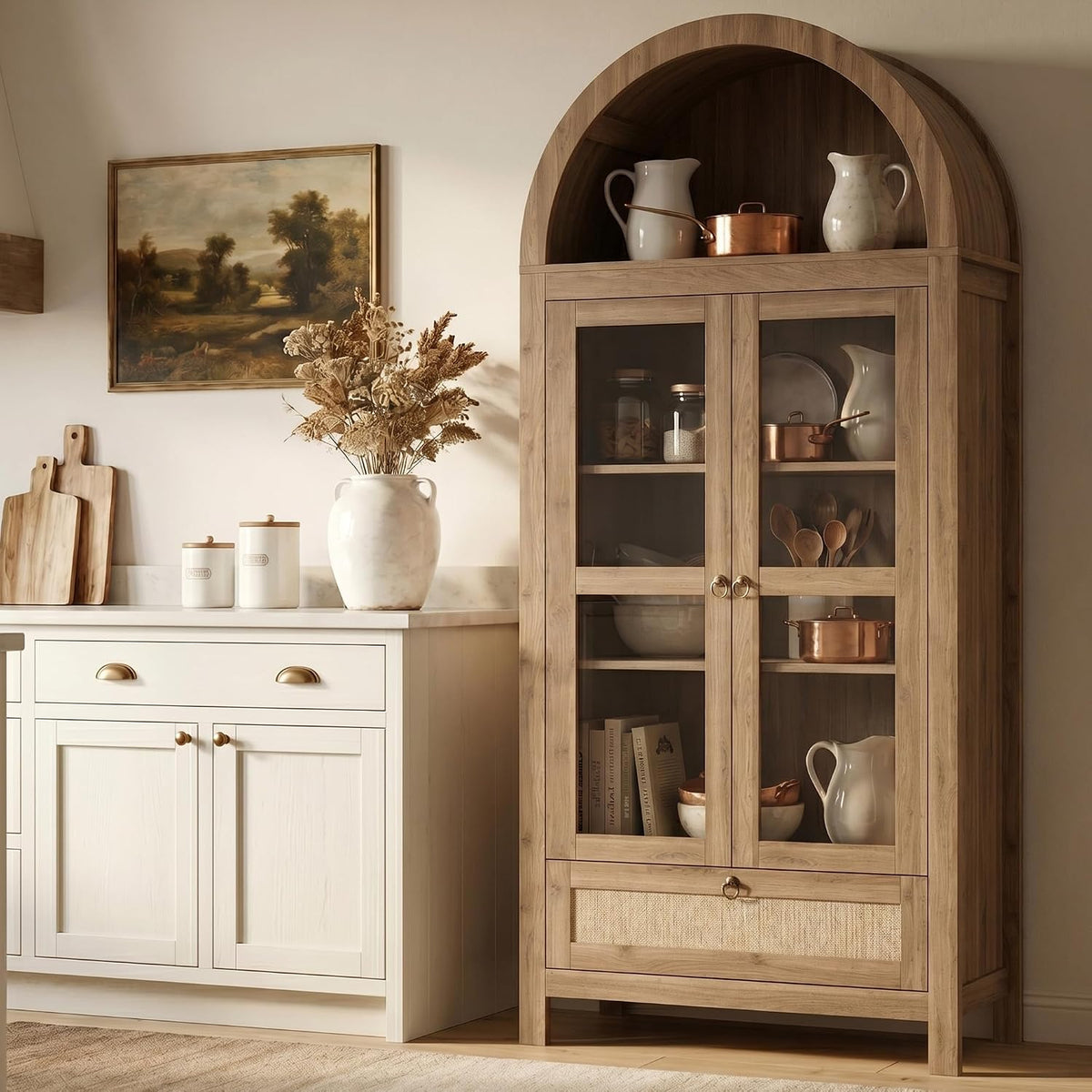 TYBOATLE 71'' Arched Pantry Cabinet with Glass Door for Kitchen Dining Room | Arch Storage Cabinet, Versatile Cupboard with Innovative Drawer and Anti-Tip Device, Kitchen Dining, Natural