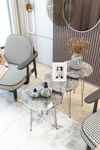 Set of 3 High Gloss Gray Marble Silver Legs Nesting End Tables Round Wood Stacking Coffee Side Accent Table with Metal Legs for Living Room, Home Office, Nightstands for Bedroom