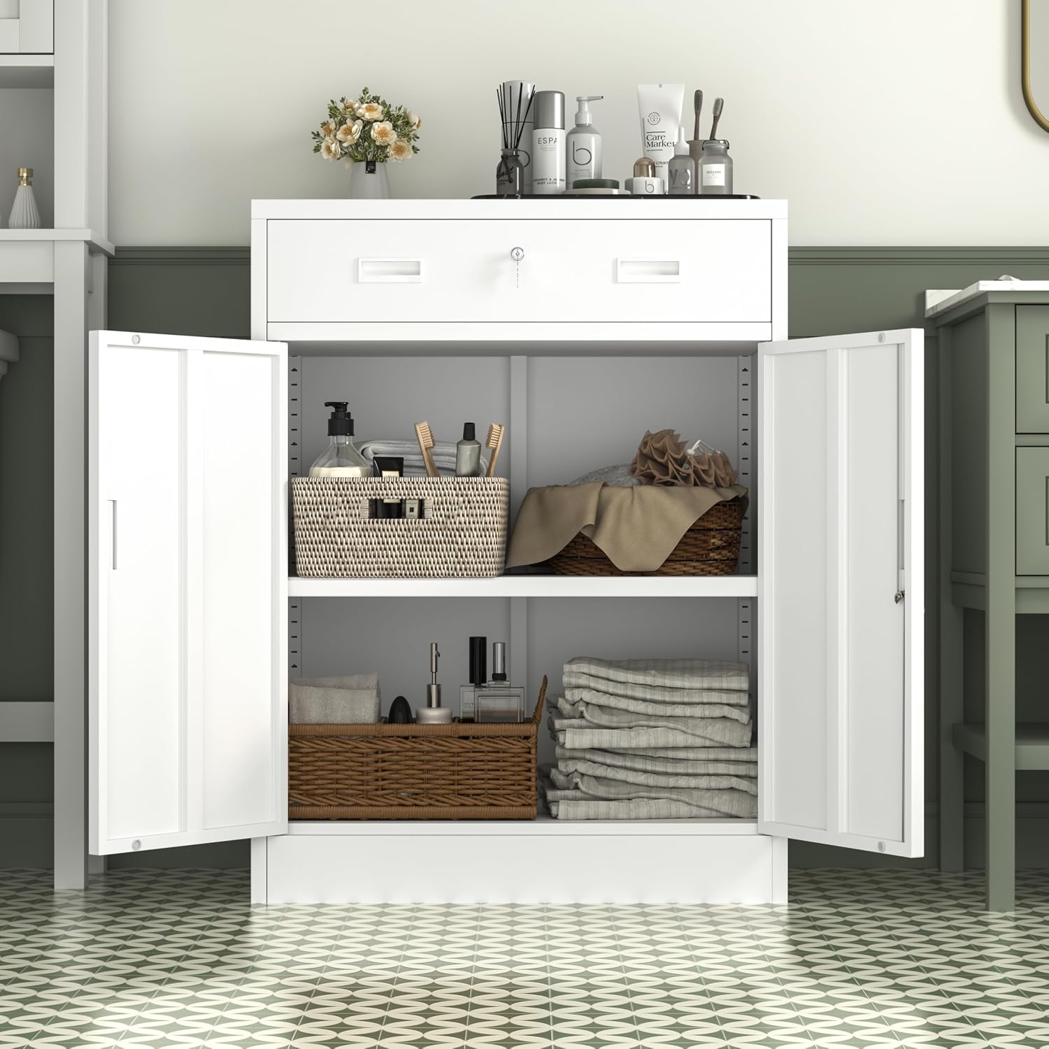 Wanfu Metal Storage Cabinet, Locking Cabinet with 1 Drawer and Adjustable Shelf, 36" H x 28" W x 16" D Steel Storage Cabinet for Office, Garage, Home-White