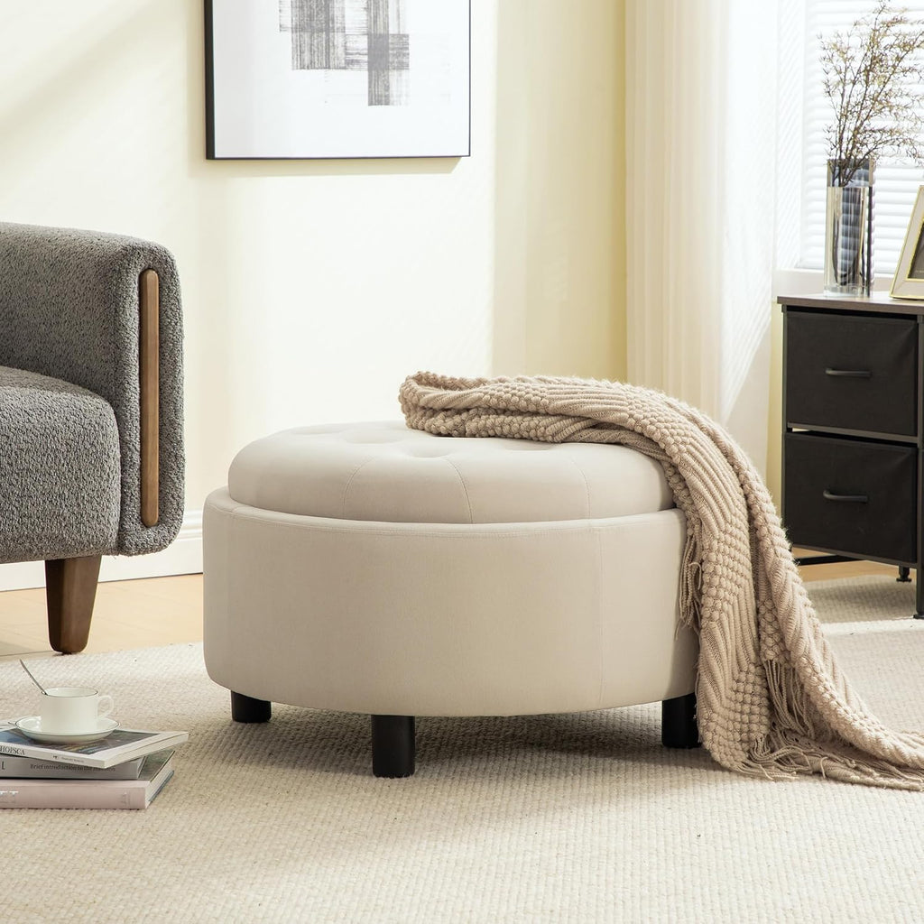 Round Storage Ottoman 29.33" with Reversible Lid - Fleece Fabric Upholstered Hand-Pulled Buckle Decoration Footstool, Storage Stool for Living Room, Bedroom, Office (Beige)