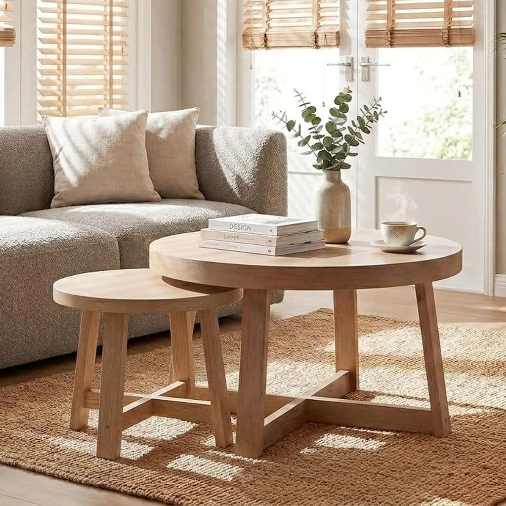 Set of 2 Round Nesting Coffee Tables, Natural Wood Finish Modern Side Tables, X-Shaped Frame Stackable End Tables for Living Room, Bedroom, Balcony 27.56&19.69