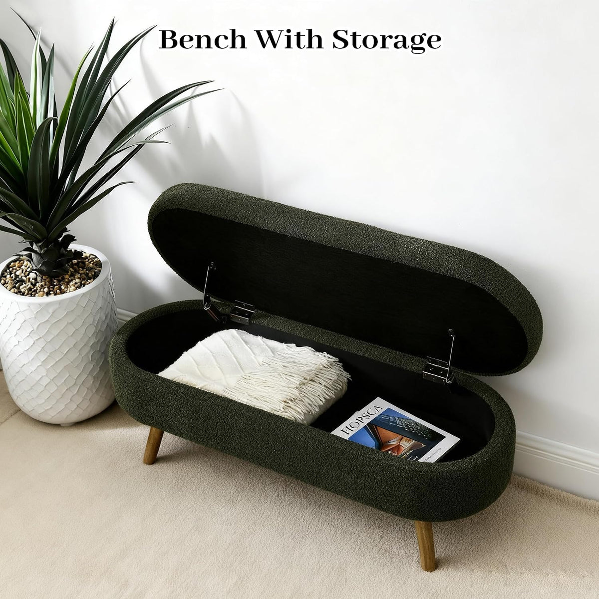 Storage Bench, 43" Storage Ottoman Bench, Shoe Storages Benches for Bedroom, Upholstered Entryway Benches with Seating, Rubber Wood Legs for Bedroom, Living Room, Entryway, Bed Side, Green