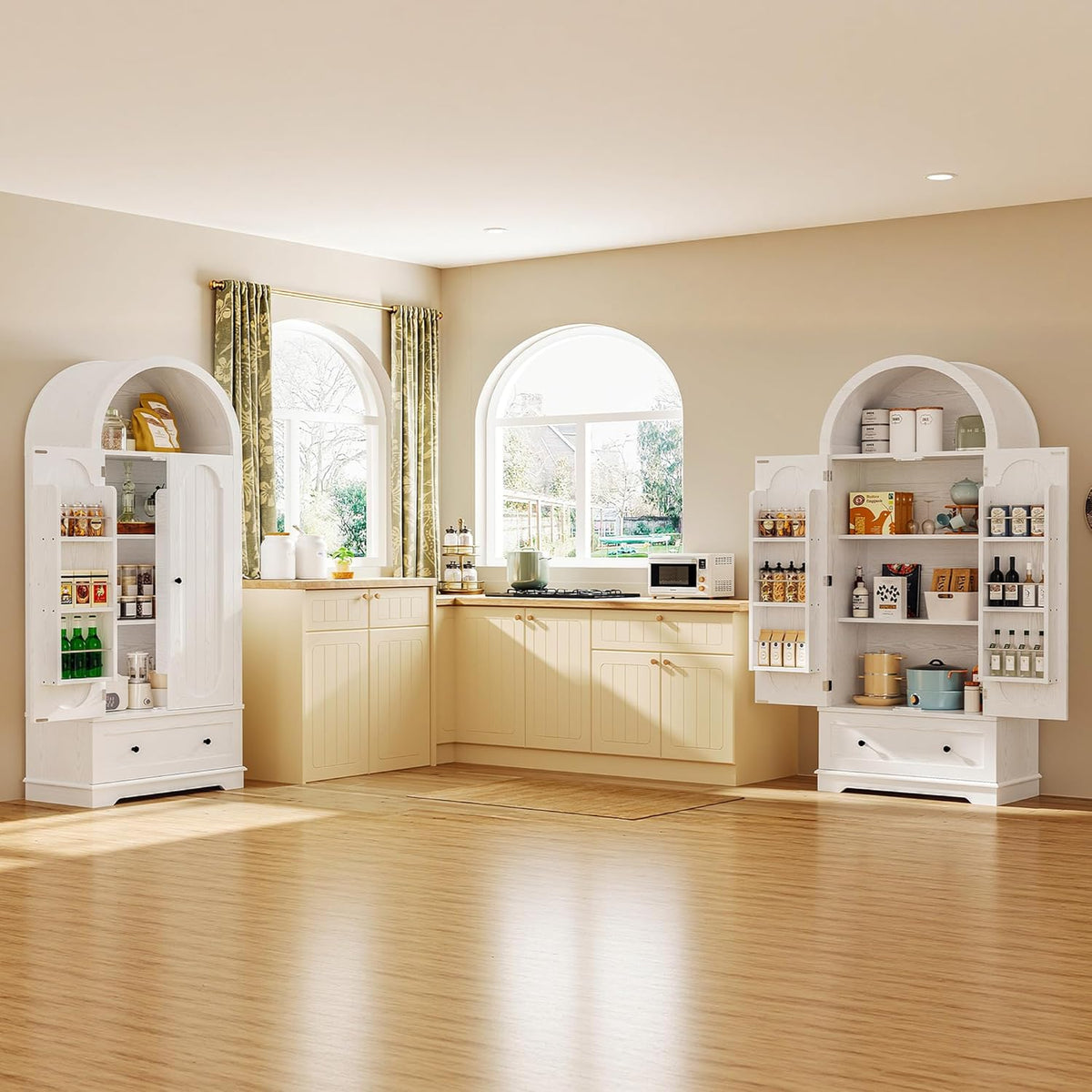IRONCK 70.9 in Kitchen Pantry with Large Drawer Adjustable Shelves | kitchen pantry; 2 doors; large drawer; adjustable shelves; arched open shelving