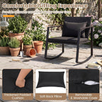 Tangkula 3 Pieces Outdoor Rocking Chairs Set, Rattan Heavy Duty Cushioned Rocker Chairs with Cushions, Pillows, Tempered Glass Table, Metal Frame for Garden, Balcony, Backyard (Black)