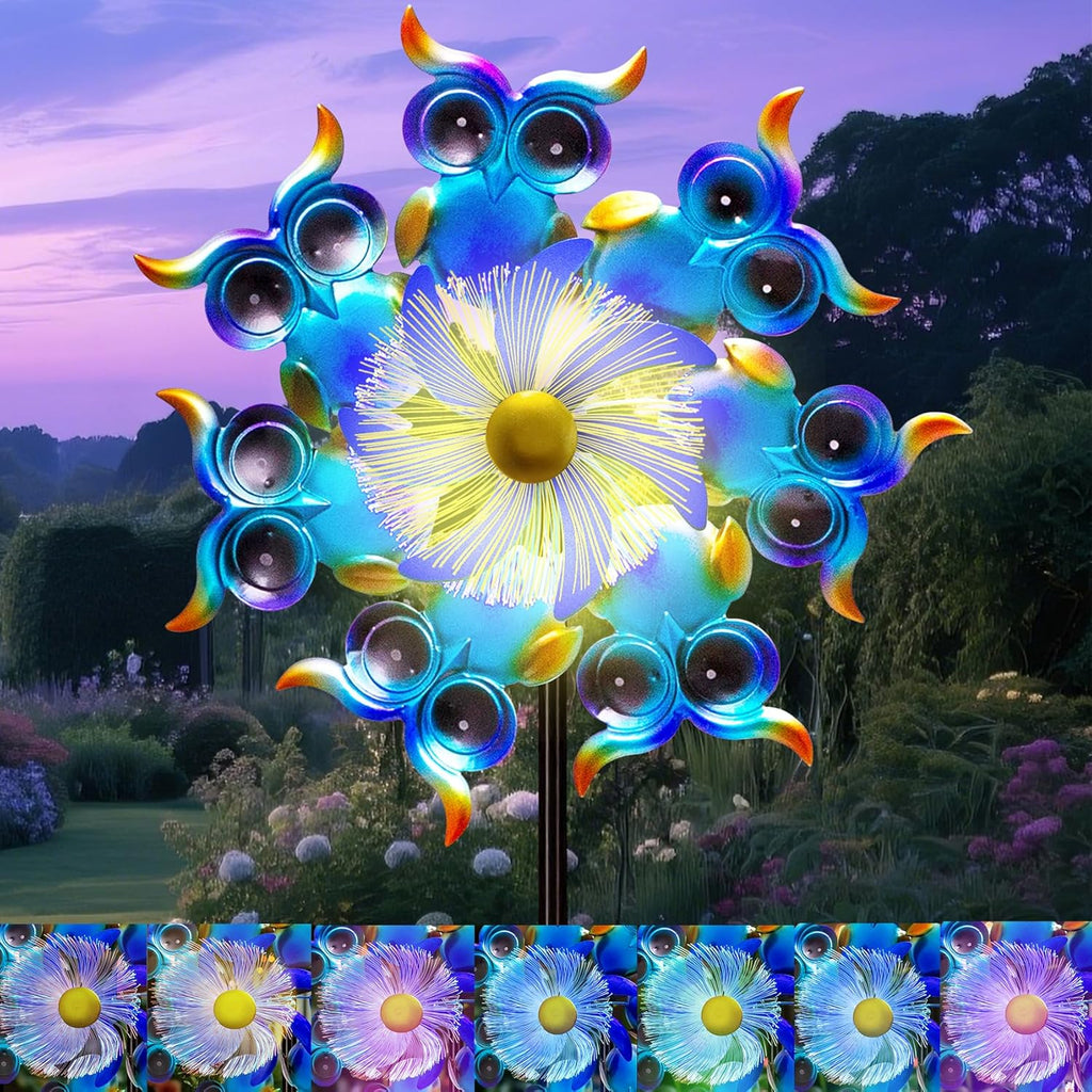 Solar Owls Wind Spinners for Yard and Garden,51 Inch Solar Windmill Seven Color LED Light Whirligig Kinetic Spinner to Scare Birds Decor for Lawn, Patio,Owl Gift Metal Wind Outdoor Sculpture