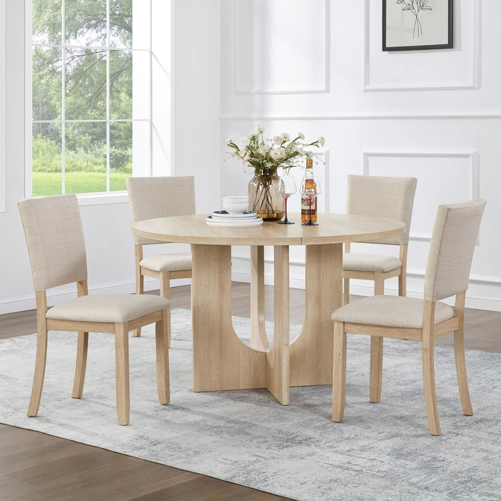 JIJIWANG 47.3" 5-Piece Round Dining Table Set with 4 Upholstered Dining Chairs, Modern Round Dining Table Set for 4 for Living Room Kitchen Light Oak & Beige