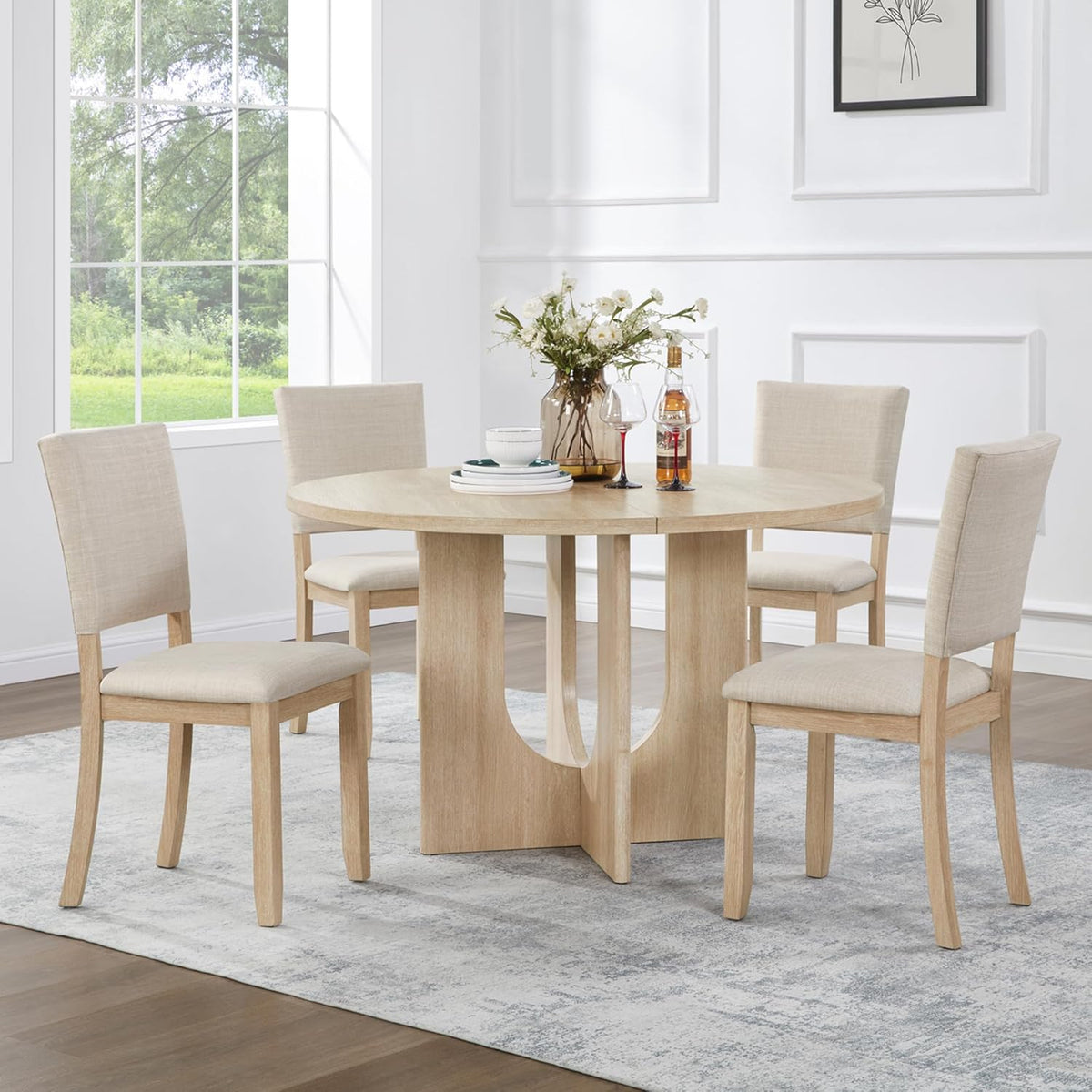 JIJIWANG 47.3" 5-Piece Round Dining Table Set with 4 Upholstered Dining Chairs, Modern Round Dining Table Set for 4 for Living Room Kitchen Light Oak & Beige