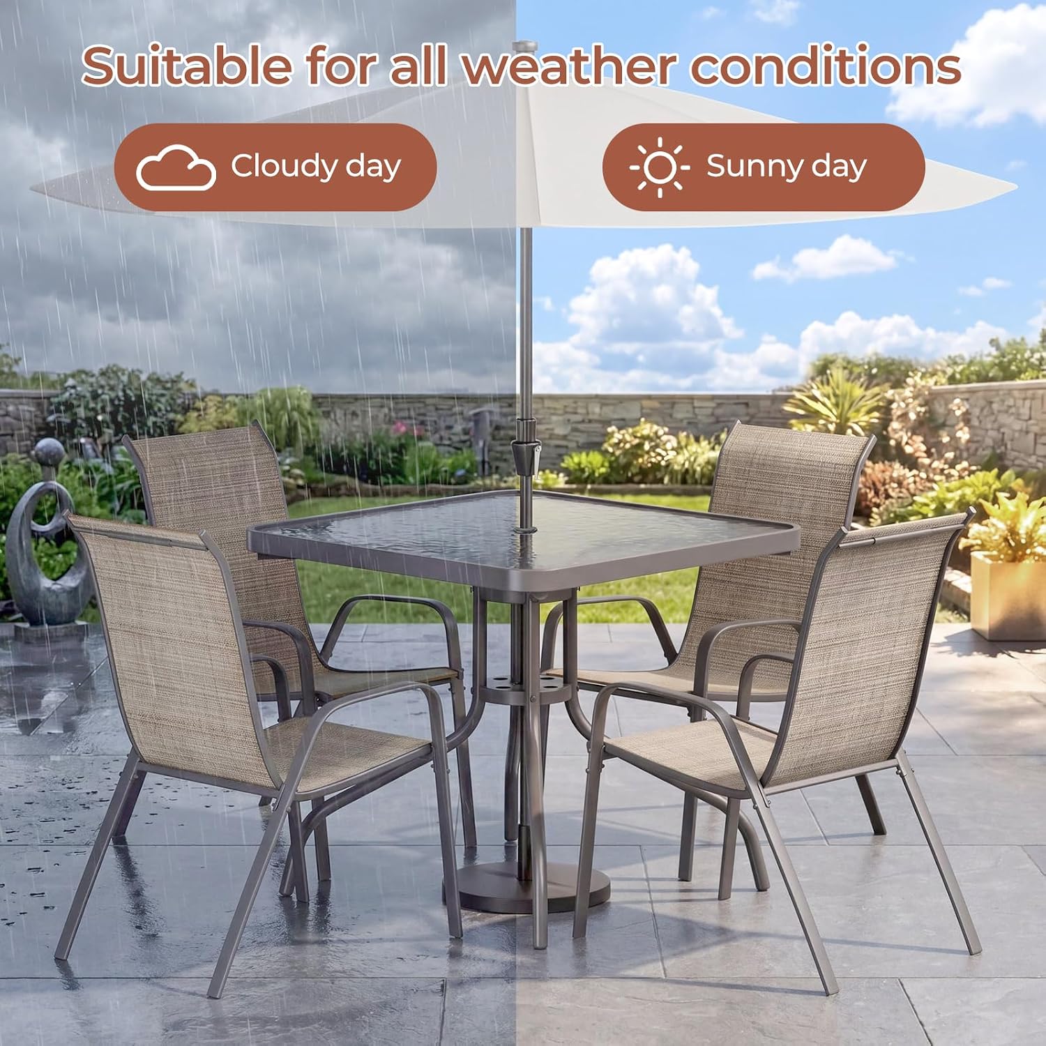 TLSUNNY Patio Dining Set 5 Pieces, All Weather Outdoor Furniture W/30"X 30" Table and 4 Stackable Textilene Chairs, Metal Table and Chairs for Lawn, Garden, Poolside, Backyard (Umbrella not Included)