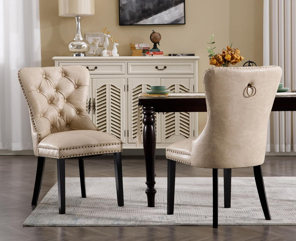 EALSON Modern Dining Chairs Set of 8 Mid Century Leather Dining Room Chairs with Wood Legs Tufted Upholstered Kitchen Side Chairs with Nail Head Trim for Dining Room/Living Room, Beige with Ring