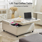 Redlife 35 Inch Large Square Storage Ottoman, Coffee Table Ottoman, Linen | Lift Top Ottomans Bench Square Footrest Oversized Upholstered Coffee Table for Living Room Bedroom (Beige)