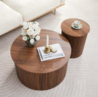 Fluted Round Nesting Coffee Table Set of 2, Mid Century Modern Wood Coffee Table and End Table Set, Minimalist Center Tables Circle Side Table for Living Room, Office(Walnut)