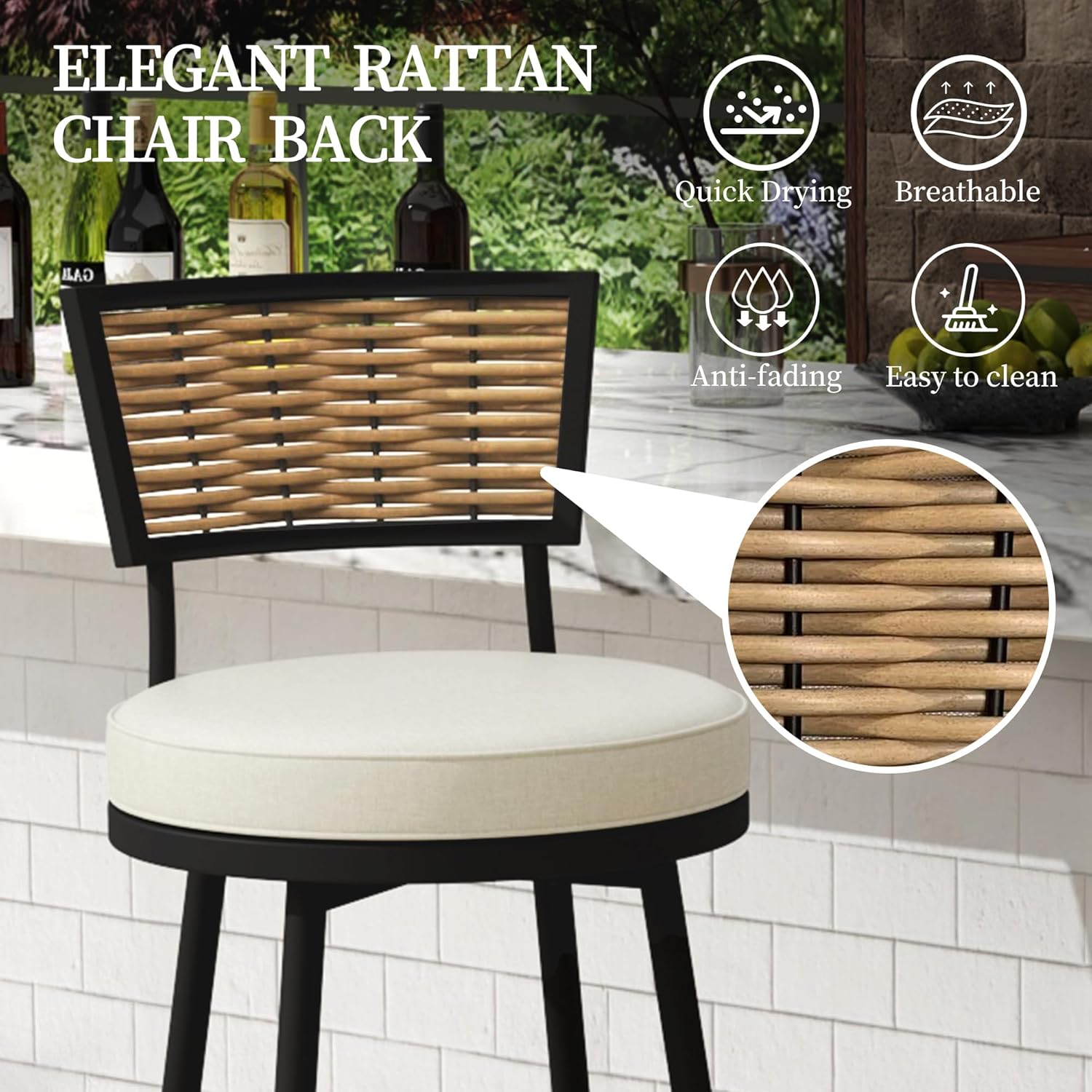 PIZZELLO Patio Swivel Bar Stools Set of 4, Outdoor Bar Height Chairs, Swivel Patio Bar Chair with Cushions, Counter Height Wicker Barstools for Outside Backyard Balcony