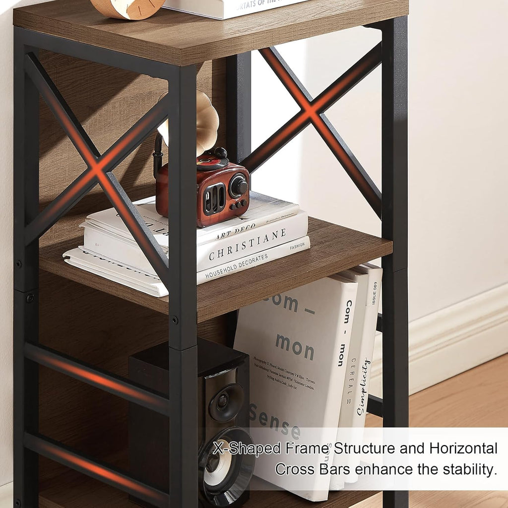 MNEETRUNG Small Bookshelf, 3 Tier Industrial Shelf with Metal Frame and Backboard, Low Rustic Brown Book Shelf, Small Bookcase for Small Spaces,Bookshelf for Living Room, Bedroom & Home Office
