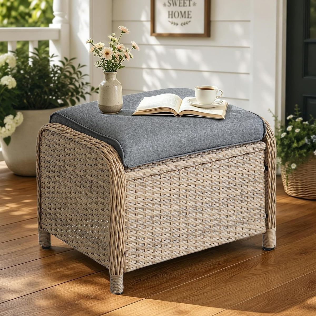 Patio Ottomans Set of 2 with 3.6" Thick Cushions, Wicker Outdoor Couch Extension Set, Wicker Footstool All-Weather Rattan Seating Accessory for Backyard Furniture