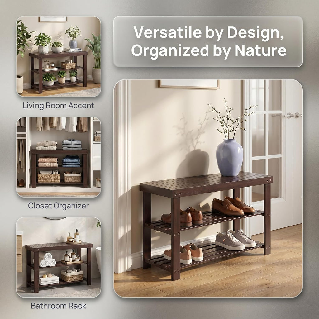 Bamboo Shoe Bench, 3-Tier Shoe Organizer Holds Up to 286 lb, Entryway Bench with Shoe Storage Suitable for Closet & Living Room, 11.22 x 35.43 x 17.91, Espresso Brown