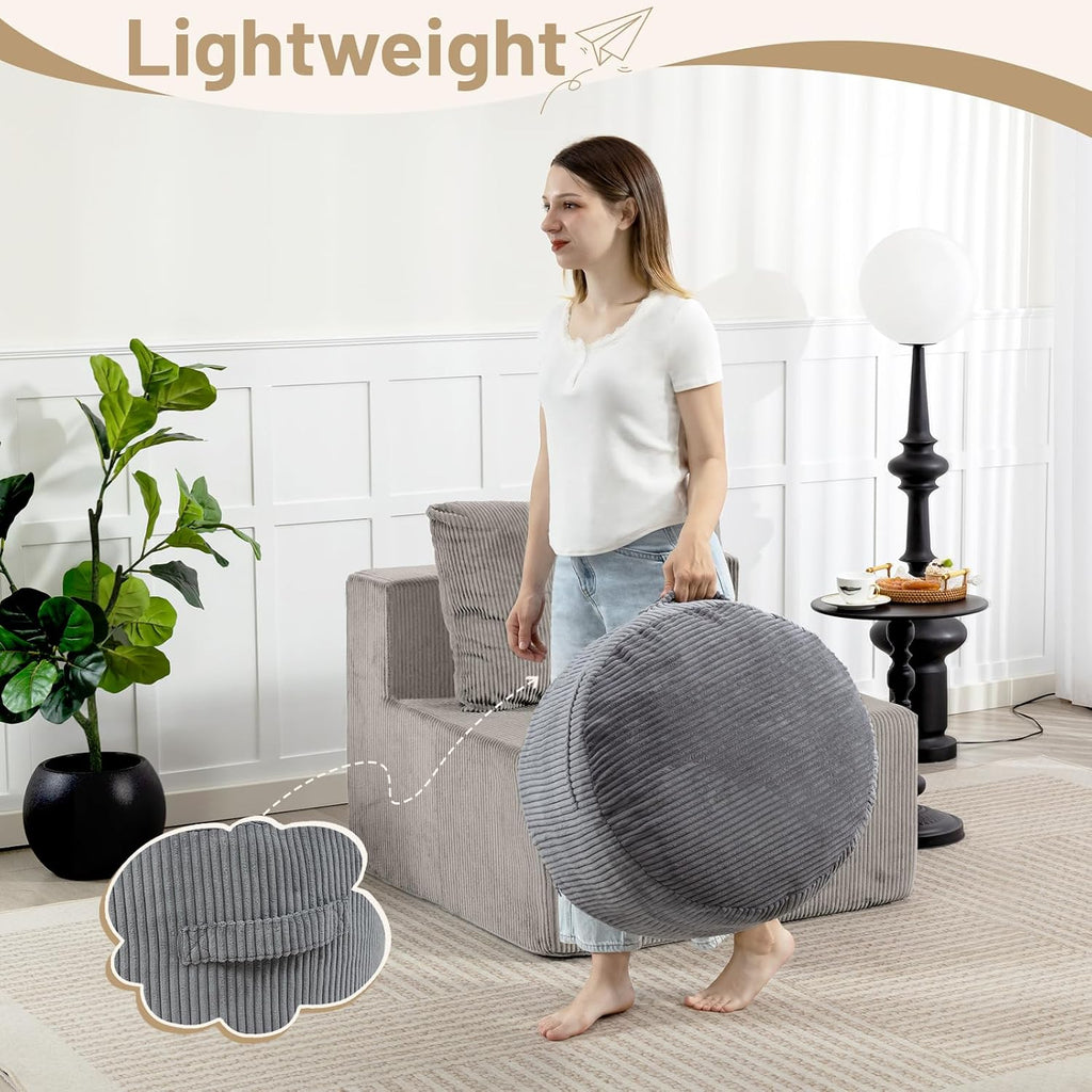 Round Stuffed Pouf Ottoman (Gray, 26" D x 26" W x 18" H) | Corduroy Foot Rest with Rebound Foam Filling, Furry and Fluffy Foot Stool Ottoman, Floor Poufs for Living Room