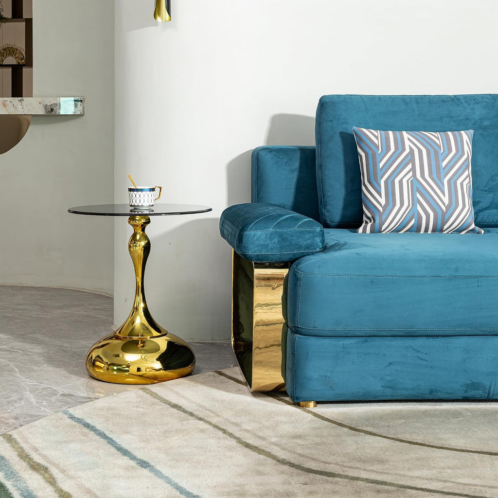 Luxury Round End Table Gold Metal Base 17.7inch Black Tempered Glass Top Modern Small Side Table Living Room Table Sofa Small Coffee Tables Cute Shape (Glod+Glass)