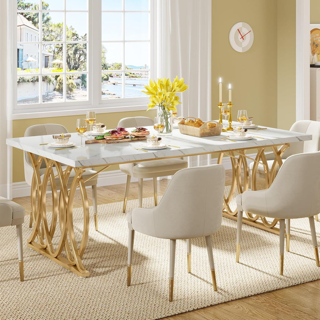 Tribesigns 63" Dining Table for 4 to 6, White and Gold Kitchen Table | Modern Large Rectangular Dinner Table Kitchen & Dining Room Furniture with Faux Marble Tabletop and Geometric Legs