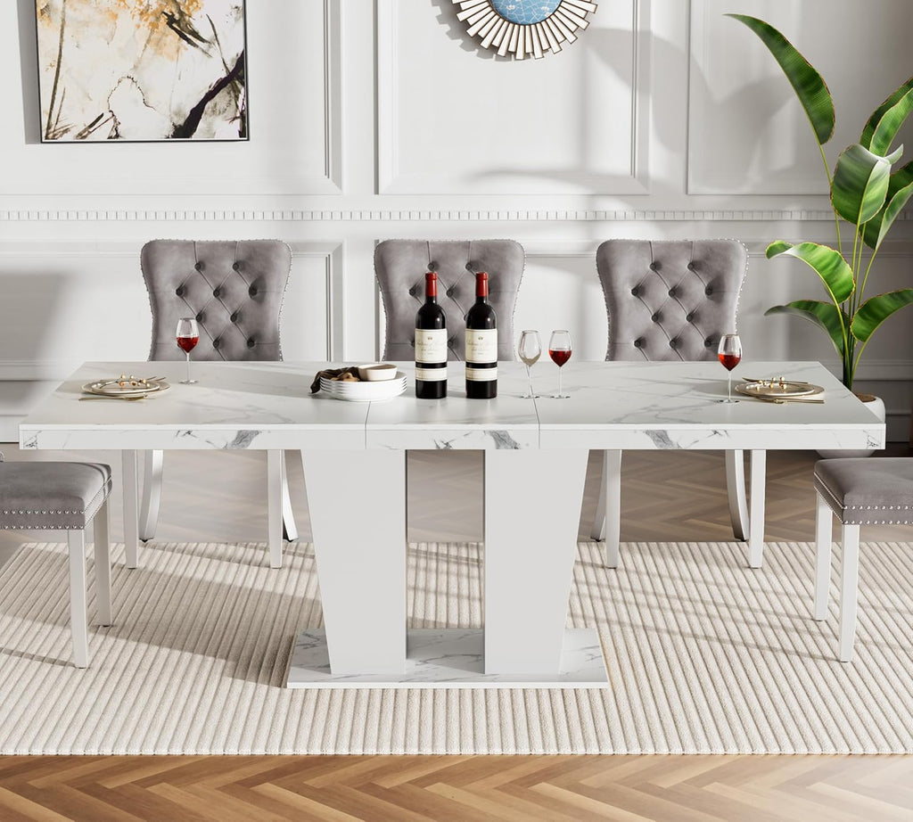Extendable Dining Table Set of 6, White Rustic Kitchen Dining Table & 6 Gray Velvet Dining Chairs with Stainless Leg, 62.99"-78.74" Dining Room Table and Chairs Set, Modern 7 Piece Dining Set