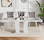 Extendable Dining Table Set of 6, White Rustic Kitchen Dining Table & 6 Gray Velvet Dining Chairs with Stainless Leg, 62.99"-78.74" Dining Room Table and Chairs Set, Modern 7 Piece Dining Set