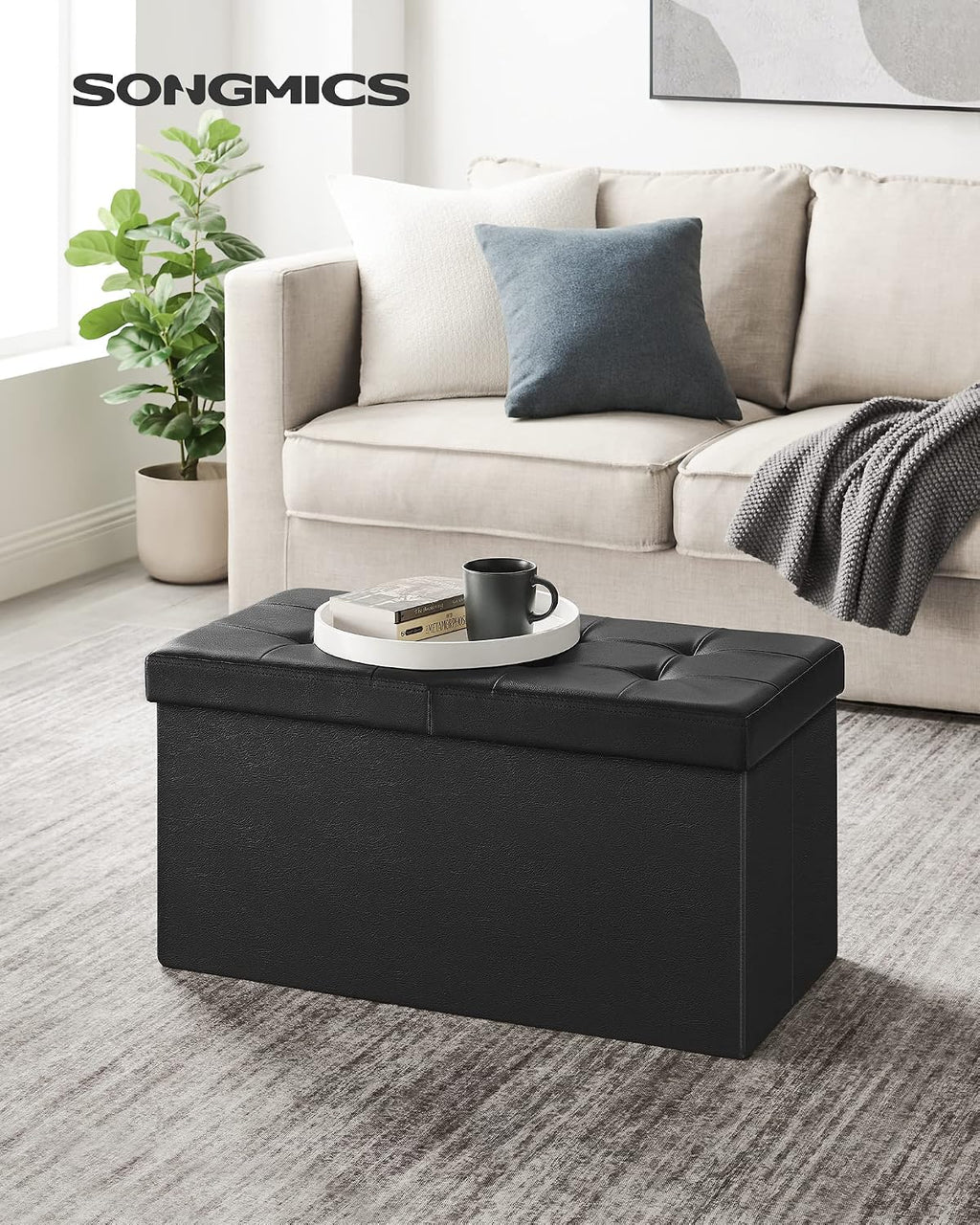 SONGMICS 30 Inches Folding Storage Ottoman Bench with Flipping Lid | Storage Chest Footrest Padded Seat, MDF Support, Ink Black, MINOTA Collection ULSF45BK