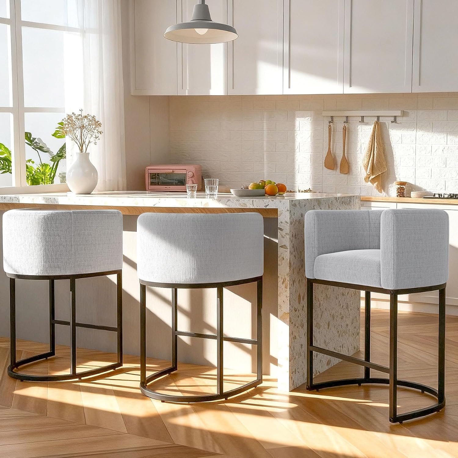 26" H Counter Height Bar Stools Set of 3, Modern Barrel Counter Stools with Backrest and Arms, Linen Fabric Upholstered Accent Barstools for Kitchen Island,Support 450 LBS
