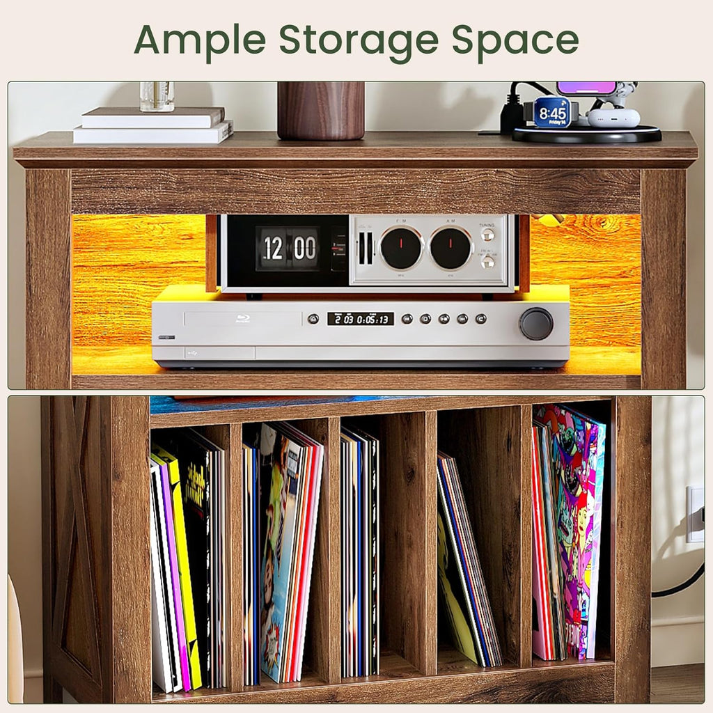 CHOEZON Record Player Stand with Charging Station and Light Strip, Vinyl Record Storage Holder, holds up to 200 Albums, Turntable Stand Display Shelf, for Living Room, Bedroom, Walnut MBZ09UDHT