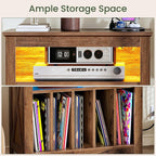CHOEZON Record Player Stand with Charging Station and Light Strip, Vinyl Record Storage Holder, holds up to 200 Albums, Turntable Stand Display Shelf, for Living Room, Bedroom, Walnut MBZ09UDHT