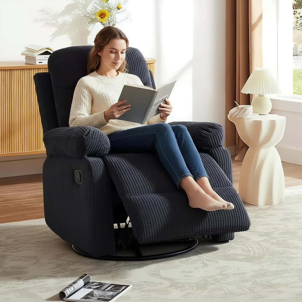 Rocking Recliner Chair,Modern Swivel Glider Recliner Chair,Corduroy Fabric Upholstery Recliner,Manual Reclining Sofa Chair for Living Room,Office,Apartment (Dark Grey)
