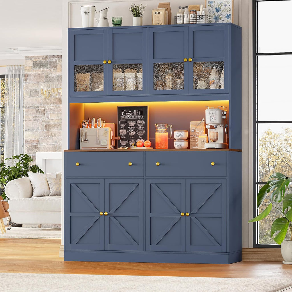 FINETONES 71" Pantry Cabinet with LED Light and Charging Station | Farmhouse Kitchen Pantry Cabinet with Microwave Stand, 47.2" Wide Kitchen Hutch Food Pantry with Open Countertop, Blue