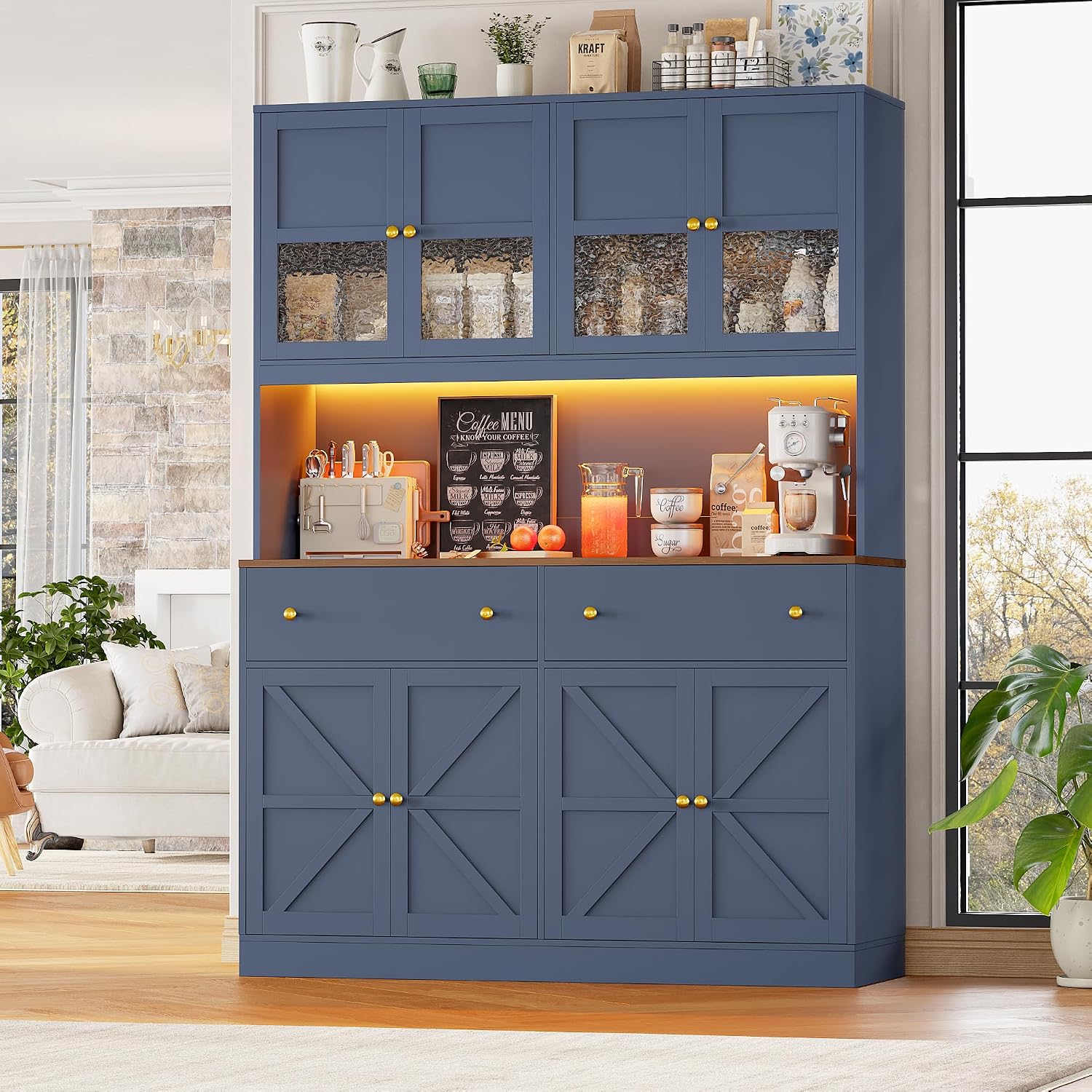 FINETONES 71" Pantry Cabinet with LED Light and Charging Station | Farmhouse Kitchen Pantry Cabinet with Microwave Stand, 47.2" Wide Kitchen Hutch Food Pantry with Open Countertop, Blue