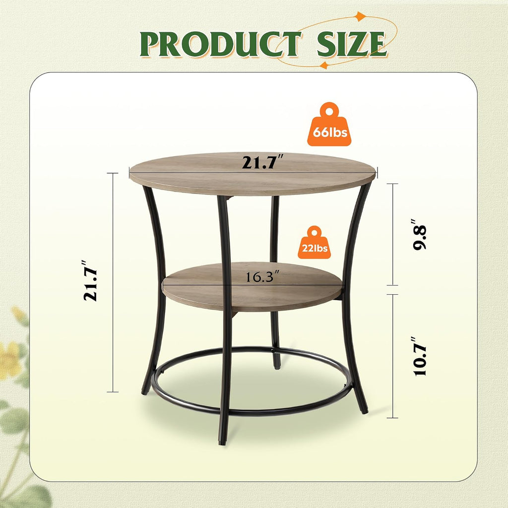 WLIVE Side Table, Round End Table with 2 Storage Shelves for Living Room, Bedroom, Nightstand with Steel Frame for Small Spaces, Accent Coffee Table, Light Grey