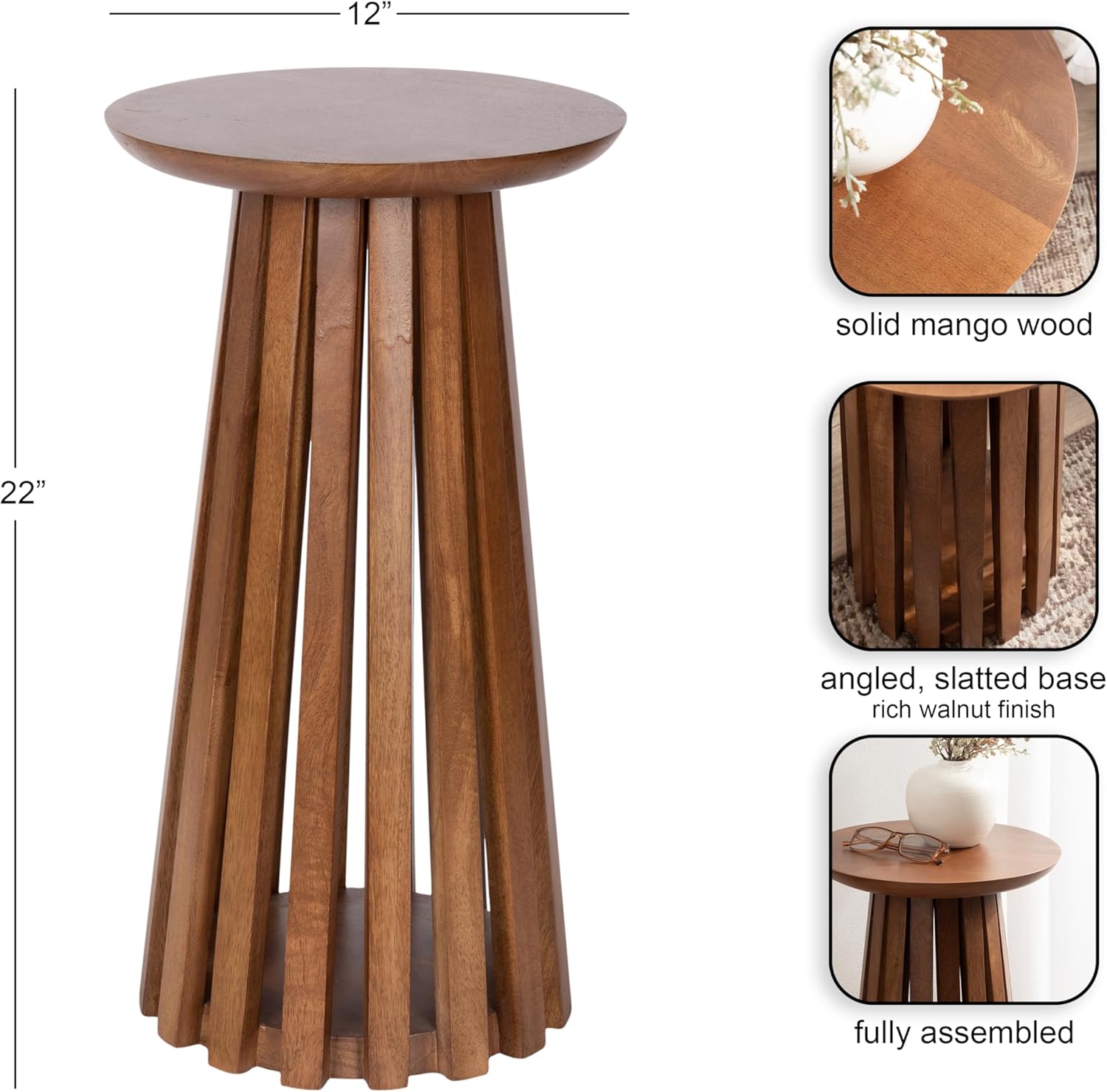 Kate and Laurel Klarc Modern Slatted Wood Round Drink Table, 12 x 12 x 22, Walnut Brown, Circle Pedestal Table for Use as Bedroom Nightstand, Indoor Plant Stand, or Decorative Living Room Accent