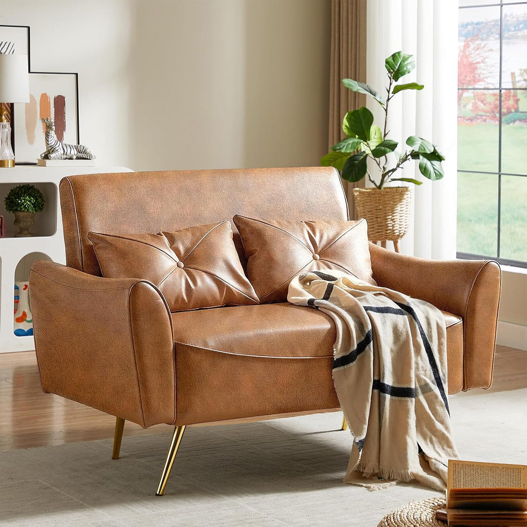 Brelice 47" Faux Leather Loveseat Sofa, Modern Small Couch for Small Space with 2 Pillows, 2 Seater Couch for Living Room, Bedroom, Office, Apartment (Brown)