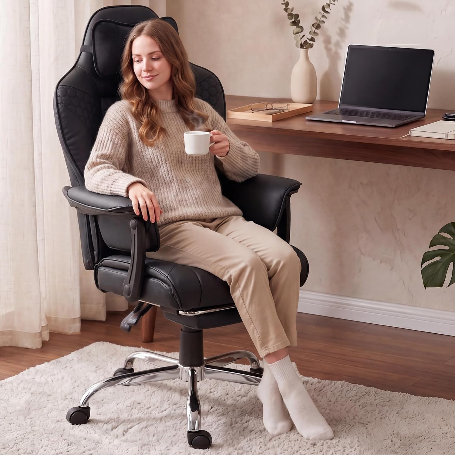 Dowinx Big and Tall Gaming Chair with Footrest for Home Office 500LBS Black | High Back Leather Office Chair, Extra-Wide & Thick-Padded Seat Cushion with Ergonomic Lumbar Support and Soft Linkage Armrest