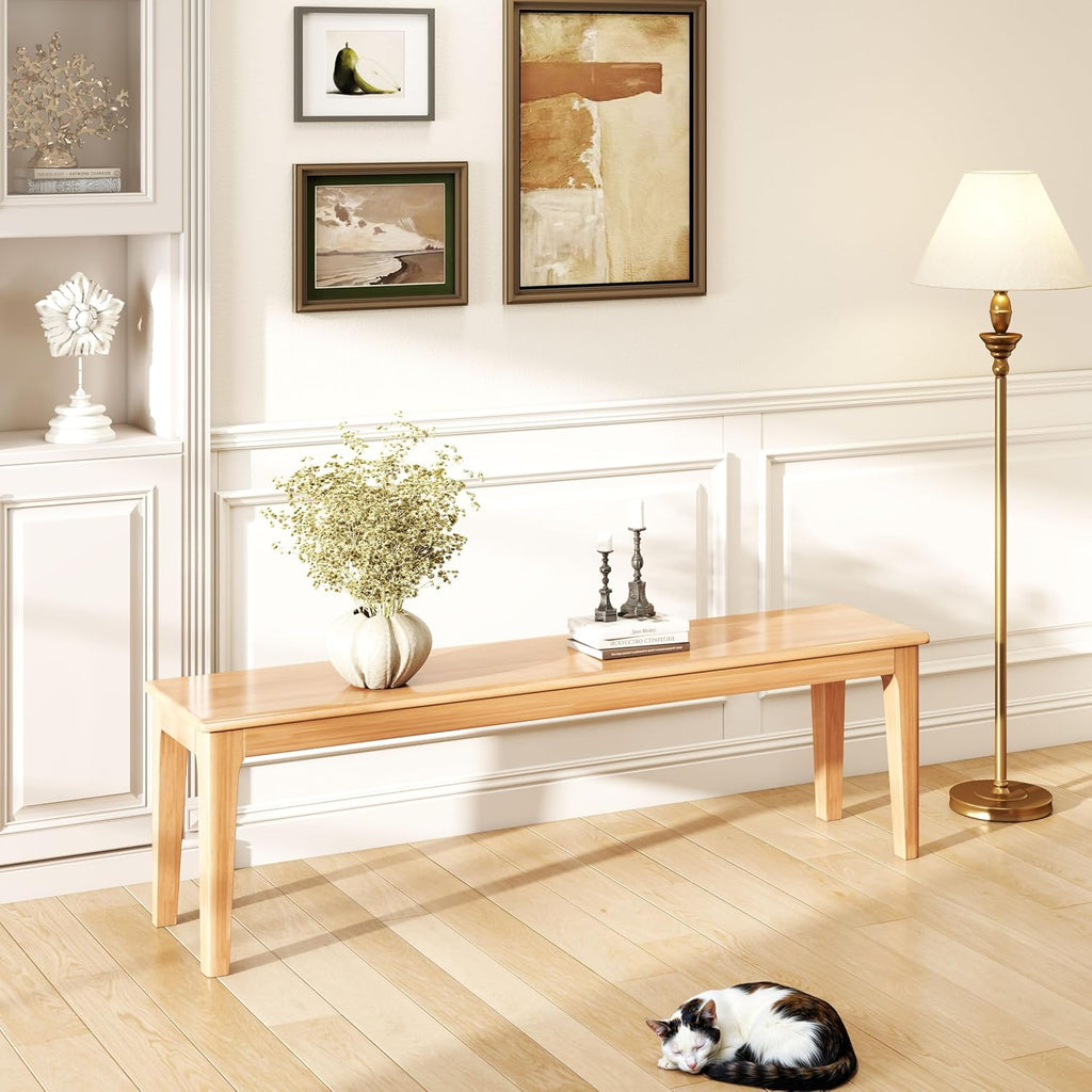 Dining Bench 63" Wood Solid Oak Wooden Bed End/Entryway Bench for Bedroom Living Room Kitchen(Nature)