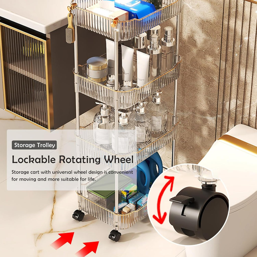 Acrylic Storage Trolley, Bathroom Kitchen Rolling Utility Cart Mobile Organization Shelves with Handle and Lockable Wheel(Gold,3 Tier)