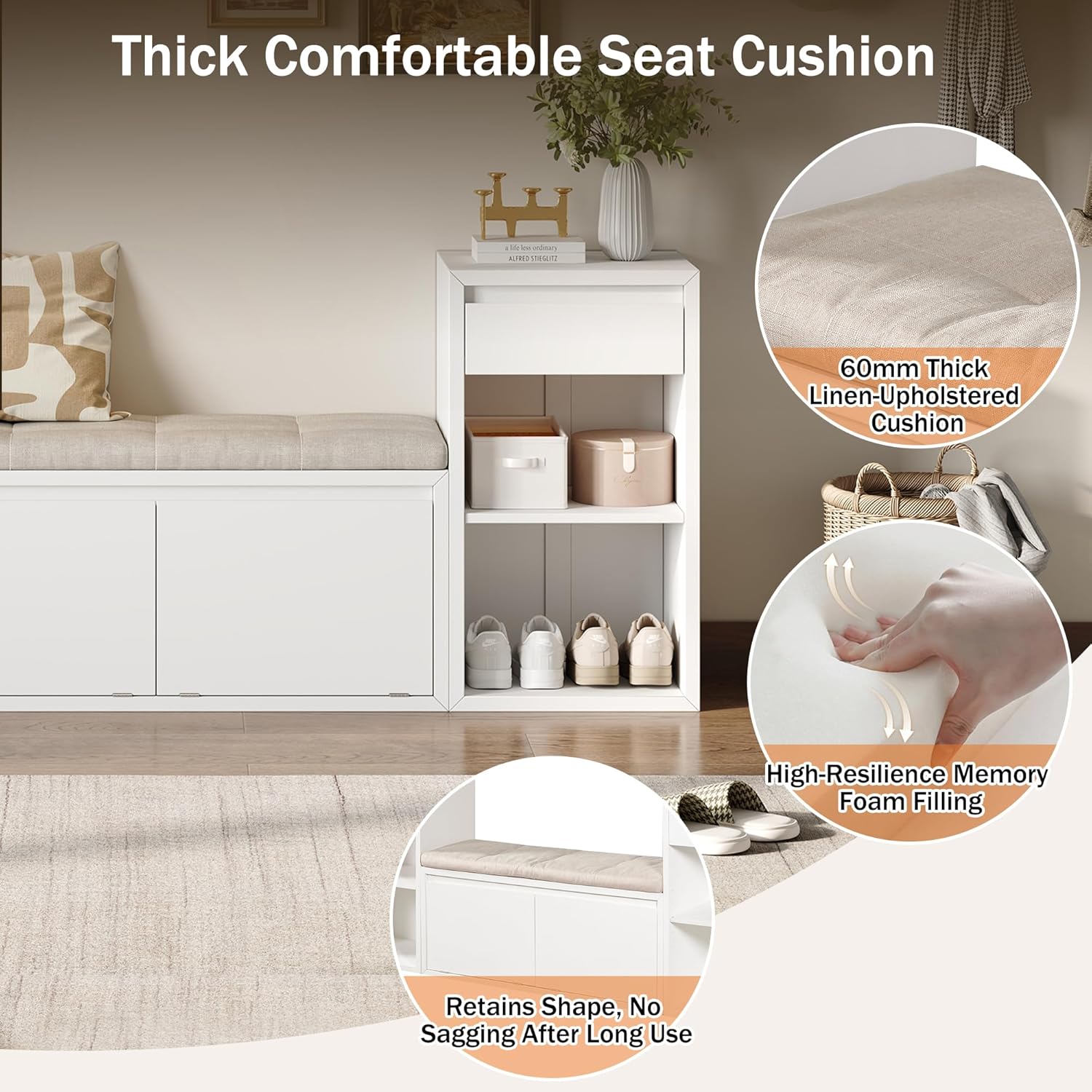 Entryway Bench with Shoe Storage, Solid Wood Shoe Bench with Cushion and Drawers, Open Shelves, Storage Bench for Entry Way, Living Room, Hallway, White
