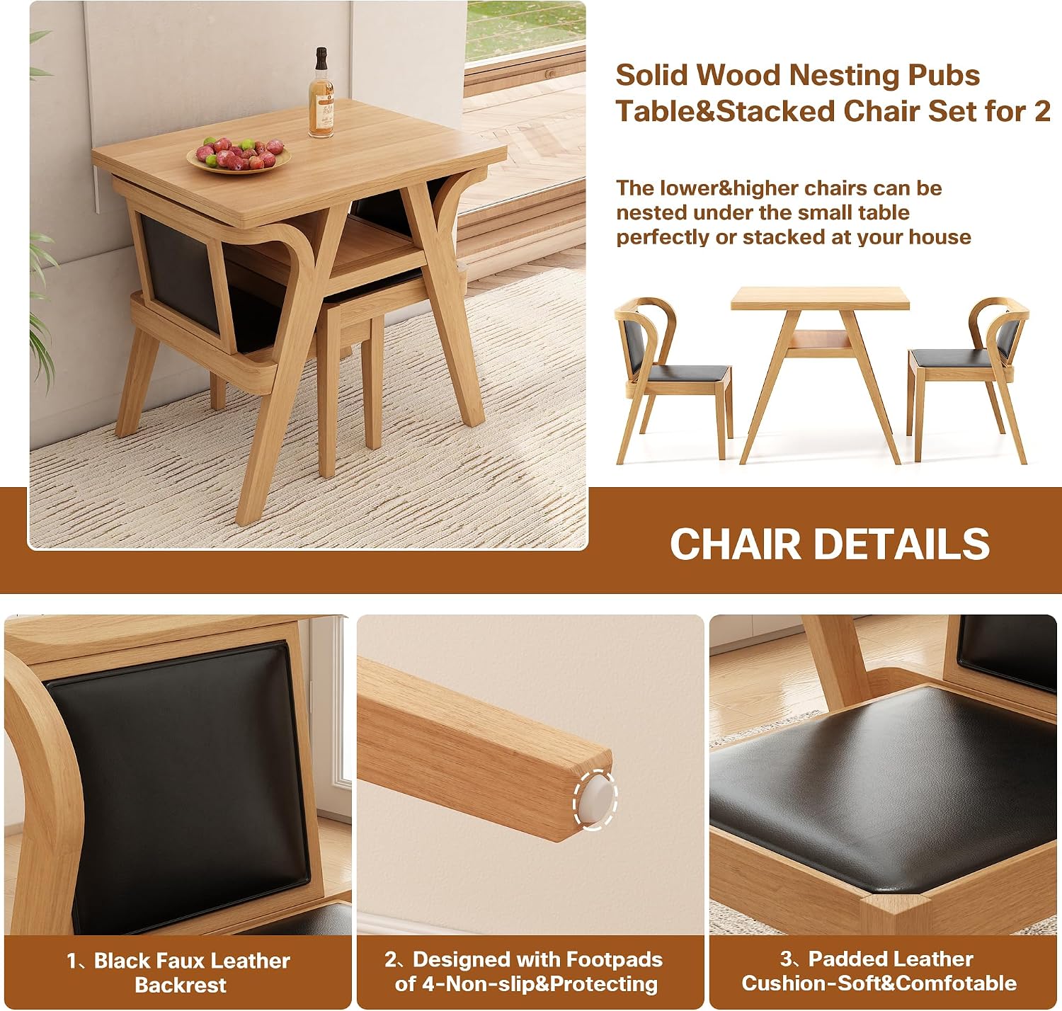 PADMA HOUSE Bistro Stacking Table Chair Set of 3, Wood Leather Dining Set | Black Kitchen Desk Chairs Set, Small Dining Table&Chair Set, Nesting Table Chair Set for Tavern Balcony Dining Indoor Patio